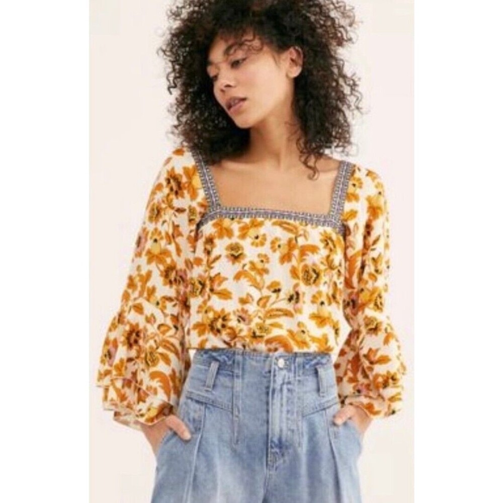 Intimately Free PEOPLE Blooming Borders Floral Bodysuit Women Medium Bell Sleeve